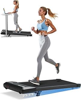 - DeerRun Under Desk Walking Pad Treadmill for Home Office & Small Spaces, 6% Manual Incline, 0.6–3.8 MPH Walking Speed, 2.5 HP, 300 lb Capacity, App & Remote Control