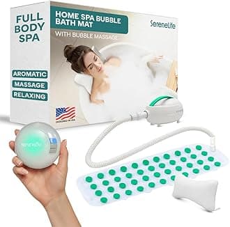 SereneLife Bubble Bath Mat - Portable Spa Bubble Bath Massager with Waterproof Bath Light & Pillow, Adjustable Bubble Intensity, Easy Button Control, Remote Control