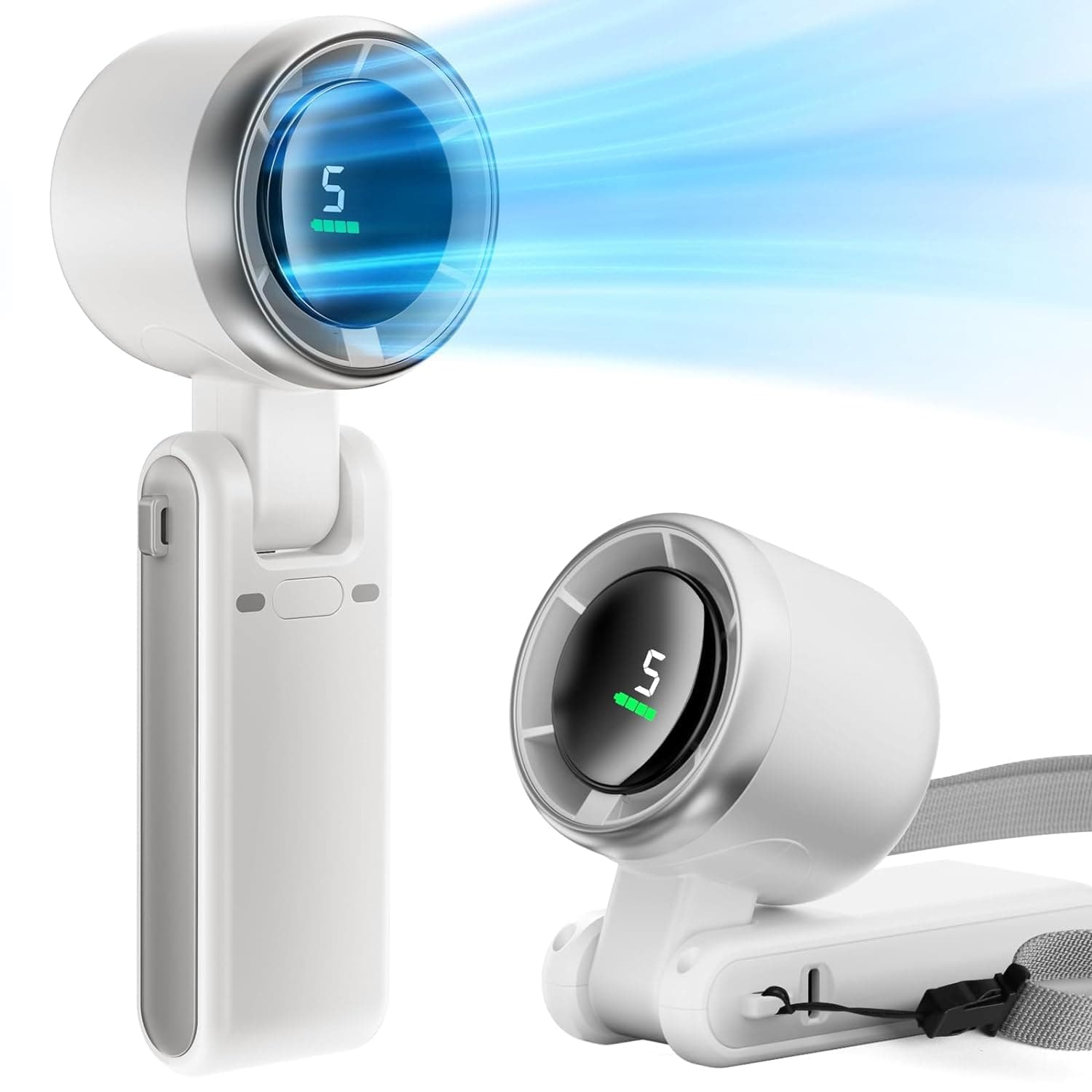 Mini Handheld Fan - Super Strong Wind Fan, 5-Speed Adjustable, Mini Fan, Foldable Fan, USB Rechargeable 3600mAh Battery - Portable Fan for Travel, Outdoor, Home (White)