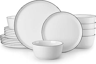 MALACASA 18 Piece Dinner Sets for 6 People, White and Black Rim Porcelain Crockery Set with Plates and Bowls, Premium Ceramic Dinnerware Sets, Microwave and Dishwasher Safe, Lexi Series