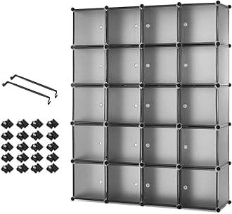 Mondeer Plastic Wardrobe, Portable Closet Cabinet, Interlocking Modular Storage Cubes for Clothes, 145 x 37 x 180 cm, Translucent Grey, 20 Cubes