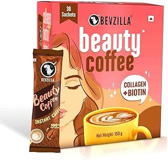 Bevzilla 30 Instant Beauty Coffee Infused with Marine Collagen, Biotin & Vitamin E Powder Sachets (30 X 5 Gram Sachets) Arabica Coffee|Strong & Easy to Carry|Best for Espresso, Latte,Cappuccino