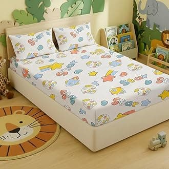 Filymore Space Bedsheet Made with Microfiber Wrinkle Free Soft Hypoallergenic with Tc 240 | Cartoon Printed Double Bed Queen/King Size for Kids (90x90 Inches/Boys Girls Room)(Cream)