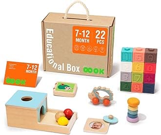 Montessori Toys for Babies 6-12 Months, 7 in 1 Learning Educational Set Wooden Toys (Includes Baby Rattle, Object Permanence Box, Wooden Book, Teething Toy and More)