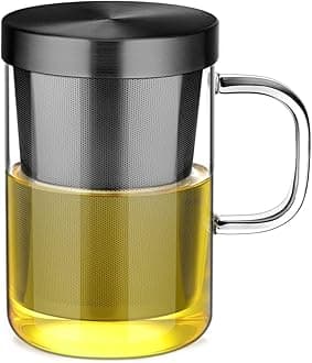 ecooe 16.9oz Glass Tea Cup with Infuser and Lid Clear Glass Tea Cup with Removable Stainless Steel Infuser & Lid, 500ml Teacup for Loose Leaf Tea, Tea Maker Gift for Birthday (Black Strainer)