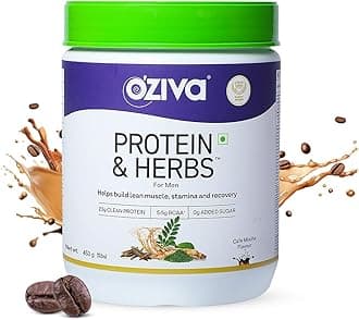 OZiva Protein & Herbs for Men (Cafe Mocha) I Muscle Building, Stamina & Recovery | Clean Protein, Shatavari, Green Tea I No Added Sugar, 1lbs (453gm)