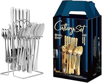 Arabest 24 Piece Silverware Flatware Set With Stand,Stainless Steel Utensils Service set for 6,Mirror Polished Cutlery Set,Dishwasher Safe Knife Fork Spoon Tableware set (Silver, Set B)