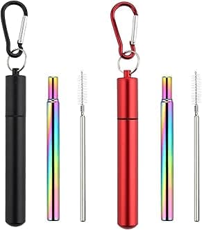 2 Pack Metal Straws, Reusable Straws with 2 Aluminum Case, 2 Cleaning Brush, and 2 Keychains, for Cruise Ship Essentials, Travel Essentials(Black&Red)