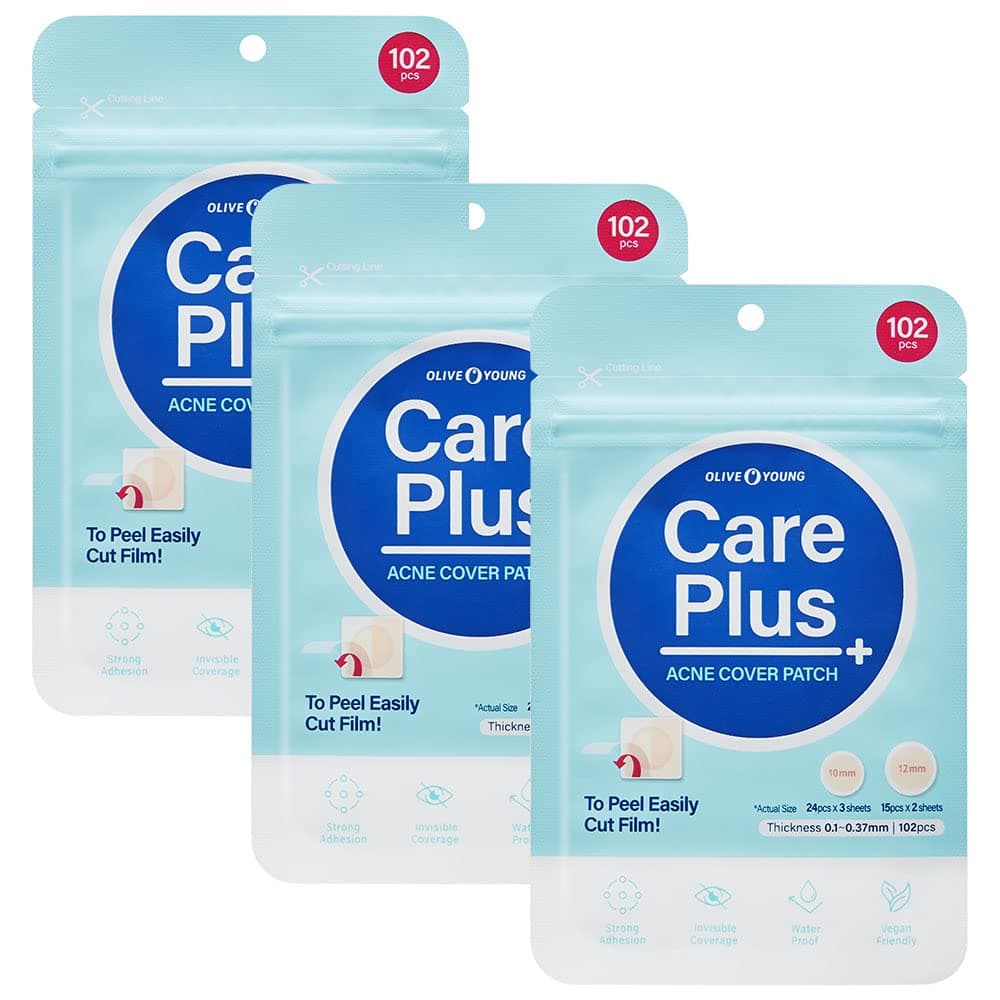 Olive Young Care Plus Spot Patch 3 Pack | Hydrocolloid Acne Korean Spot Patch to Cover Zits, Pimples and Blemishes, for Troubled Skin and Face (306 Count - 10mm*216ea + 12mm*90ea)