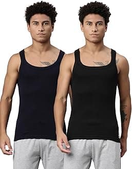 015 Men's Rib Pure Cotton Solid Vest - Square-Neck, Sleeveless Side Branding, Snug fit with Easy Tucked (Pack of 2)