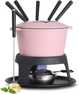 Artestia Cast Iron Cheese Fondue Pot Set for Chocolate Fondue Pot Camping Fondue Set with 6 Fondue Forks, 11-Piece Cheese Fondue Set Serve 6 Persons (Pink)