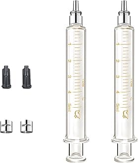 2Pack 5ml/cc Glass Syringe With Metal Luer Lock and Caps for Liquid, Borosilicate Glass Syringe for Oil or Glue Applicator,No Needle