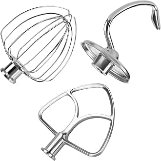 Stainless Steel 3 Piece Kit Attachments for KitchenAid 4.5-5 Quart Tilt-Head Stand Mixers Artisan Series & Classic Series by MMOBIEL - K45 6-Wire Whip, Flat Beater and Dough Hook - Dishwasher Safe
