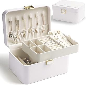 KAMIERJewelry Organizer Box – 2 Layers, Luxury Leather & Soft Velvet Lined, Large Capacity for Earrings, Bracelets, Rings, and Necklaces, Elegant White, Gift Box Packaging