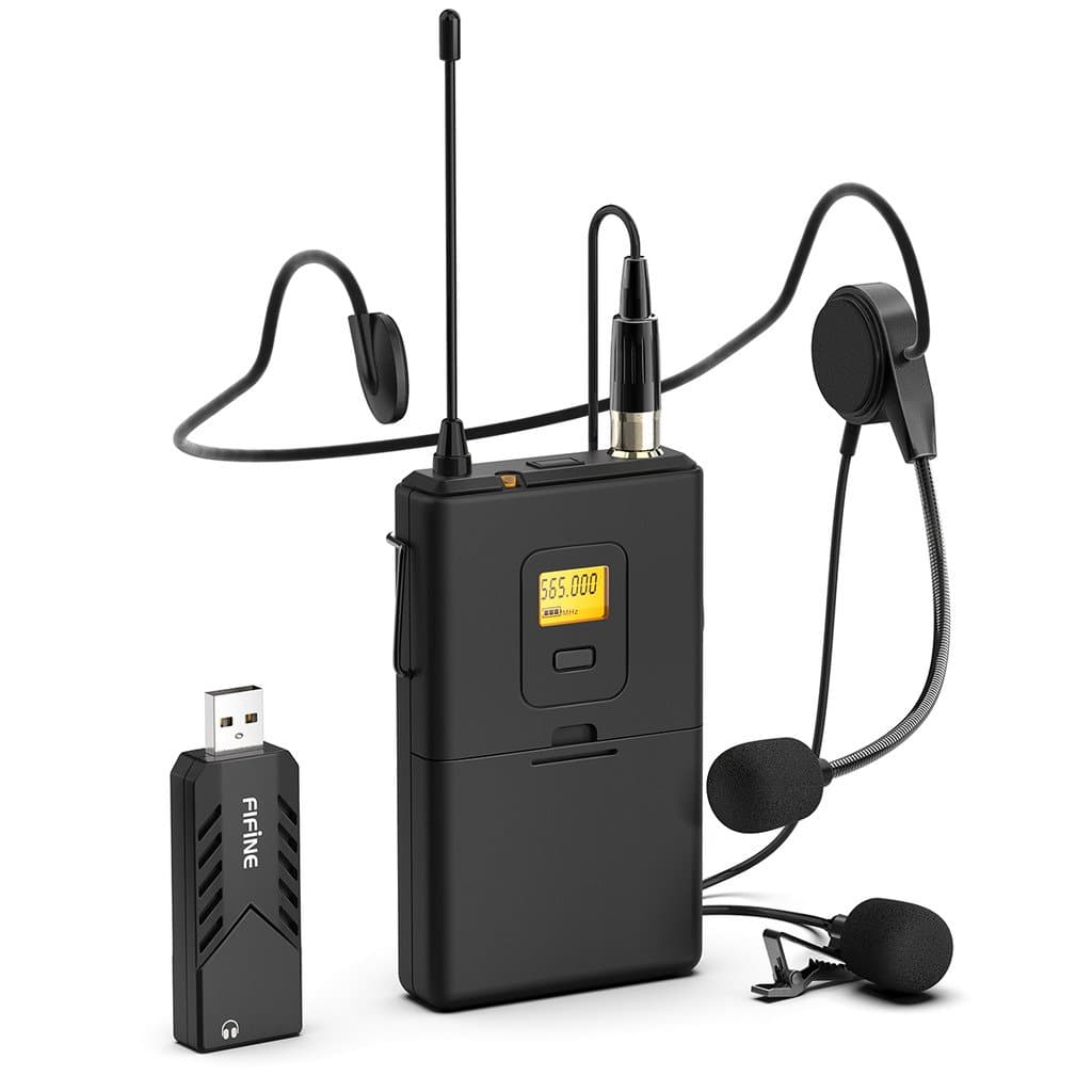 Wireless Microphones for Computer, USB Cordless Microphone System for PC and Mac,Headset UHF Wireless System with USB Receiver,Transmitter,Headset and Clip Lavalier Lapel Mic-K031B