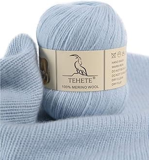 TEHETE100% Merino Wool Yarn for Knitting 3-Ply Luxury Warm Soft Lightweight Crochet Yarn (Sky Blue)