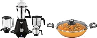 Preethi Boltz Mixer Grinder | 4 Jars 1000 Watts Mixie| 3 Stainless Steel Jar & 1 Blender Jar |Black with Preethi Dura Nonstick Kadai 26cm