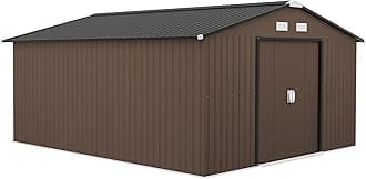 11' x 13' Outdoor Storage Shed, Garden Tool Metal Shed with Foundation Kit, Double Lockable Door, Air Vents and Sloping Roof, for Backyard, Patio, Lawn, Brown