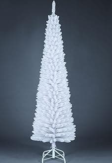 SHATCHI 4Ft-8Ft Artificial Flocked Slim Christmas Pencil Tree Holiday Home Decorations with Pointed Tips and Metal Stand, White, 240 cm