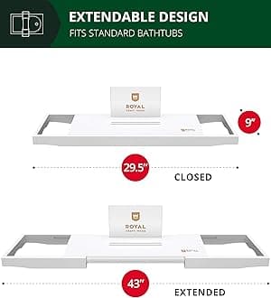 Royal Craft Wood Bamboo Bathtub Caddy Tray with Wine and Book Holder - One or Two Person Bath Tray with Extending Sides - Free Soap Dish - White