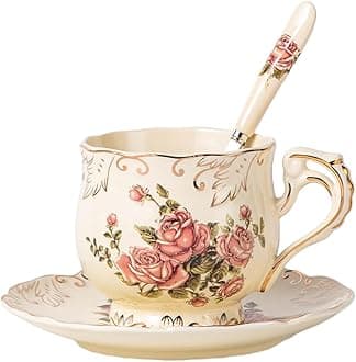YOLIFE Tea Cup and Saucer Set, 200 ml Teacup Set, Ceramic Tea Cup with Suacer Spoon, Porcelain Ivory Vintage Rose Floral with Gold Leaves Trim, Gifts for Women