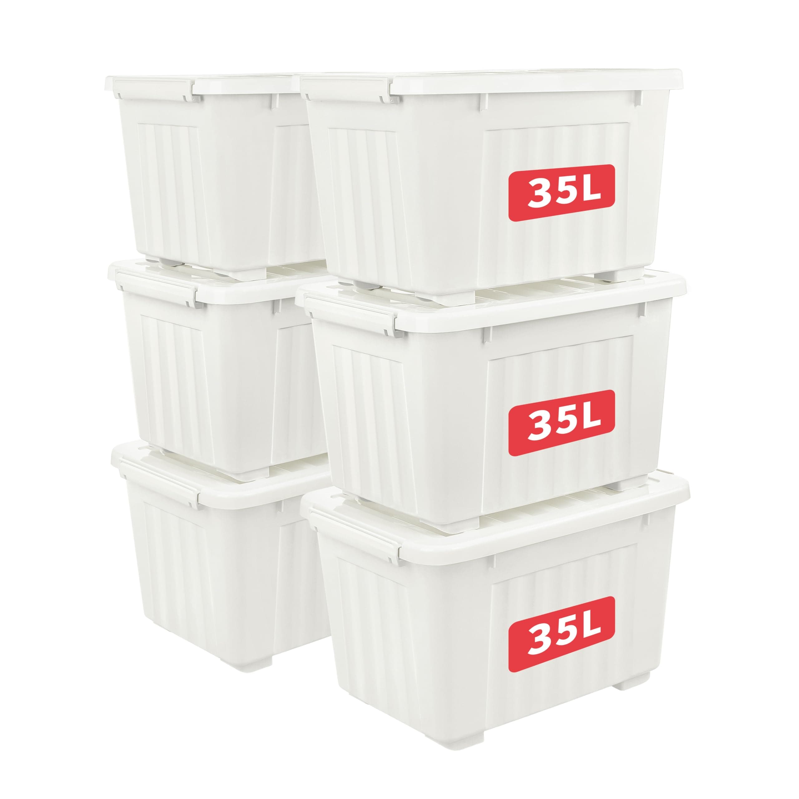 35L*6 Storage Boxes with Wheels, Plastic Storage Bin with Lid, Latching Buckles, Click Closure, Stackable, Nesting, Durable Organizer for Home Office Clothes, White, 35L-6 Pack