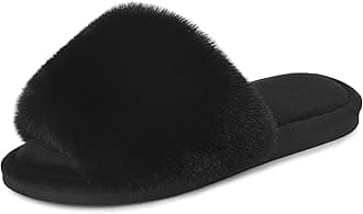 Women's Faux Fur Slippers Fuzzy Flat Spa Fluffy Open Toe House Shoes Indoor Outdoor Slip on Memory Foam Slide Sandals