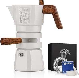 120ML/2 Cups Stovetop Espresso Maker Double Valve Moka Pot with Thermostat Extractor,Italian Espresso Moka Pot with Powder Dispenser and Filter Paper for Home(White)