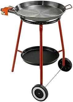 Andreu Paella Pan Set with Burner, 18 Inch Carbon Steel Outdoor Pan and Reinforced Legs Imported from Spain (12 Servings w/wheels)
