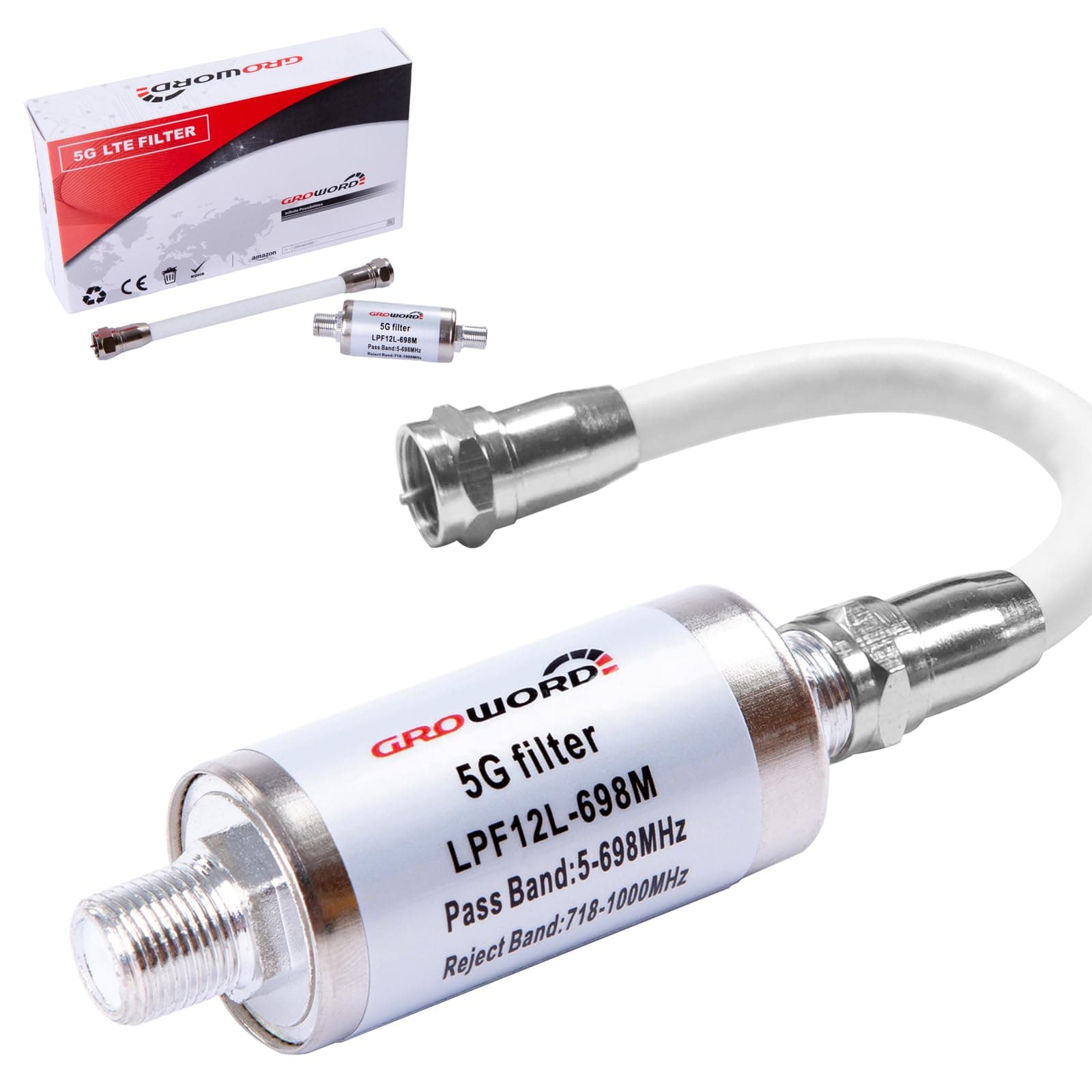 GROWORD-5G LTE Filter for TV Antenna Signal Purifier-Improve Digital HDTV Antenna and Amplifier Signals-4G/5G Filter Reduce Interference from Cell Phone Towers &Transmitters LPF12L-698M 5G Filter