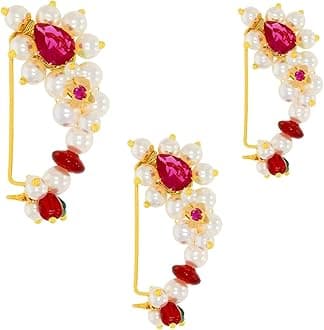VAMA Traditional Gold Plated Maharashtrian Marathi Nath White Pearls Nose Ring Without Piercing Clip on Combo Nose Pins For Women Girls