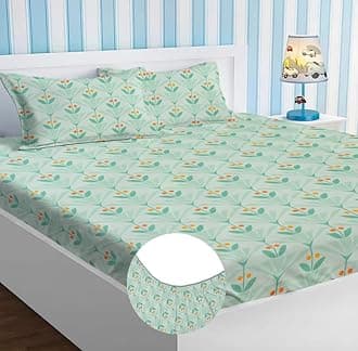 BSB HOME Style Cotton Feel Glace Cotton Elastic Fitted Printed King Size Double Bed Bedsheet with 2 Pillow Cover (78''X72'', Small Leaf Printed- Pastel Green), 180 Tc