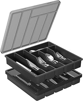 Lifewit Silverware Organizer with Lid, Covered Utensil Tray for Kitchen Drawer and Countertop, Plastic Cutlery and Flatware Storage Box for Spoons Forks Knives Holder, 6 Compartments, 2 Pack, Black