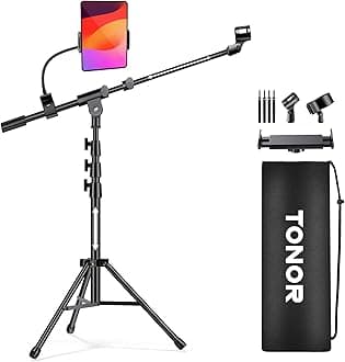 TONOR Microphone Stand with Tablet Holder, Tripod Boom Arm for Floor, Adjustable Height and Angle, Heavy Duty Stand with Carrying Bag, Phone and iPad Clamp, Compatible with Blue Yeti, Shure SM58, T35
