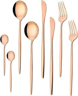 Mirror Finish Rose Gold Plated Stainless Steel Flatware Set - Copper Silverware Color Cutlery [Dinner Fork, Tea Spoon, Salad Spoon, Knife] (Set of 8)