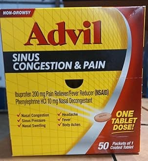 Sinus Congestion & Pain Dispenser Box, 50 Packets of 1 Coated Tablet (Pack of 2)