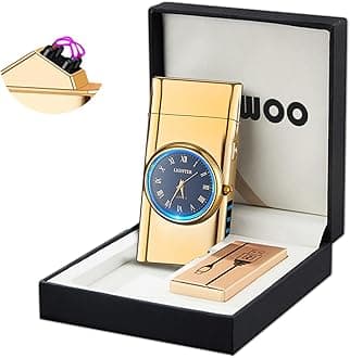 YOZWOO プラズマライター USB Type-C充電式 ダブルアーク 電子ライター クォーツ文字盤 LEDライト付き デジタル残量表示 強力防風 風防止 アウトドア対応 メンズギフト プレゼント 多機能 キーホルダー付き 収納付き 金属ボディ スタイリッシュ おしゃれ かっこいい 簡単操作 人気 全6色展開 ギフトボックス対応 刻印可能 (ゴールド)