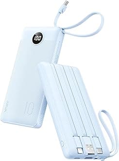 VRURC 10000mAh Power Bank Built-in Cables, Portable Charger with LED Display, Slim Intelligent Travel Battery Pack with Cords, 5 Output Dual Input Phone Charger for Cell Phone Smart Devcies-Blue