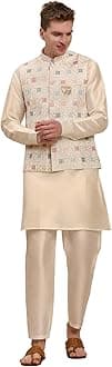 Mens Indian Traditional Silk Kurta Set With Jacket For Men Floral Design (C-112)
