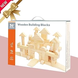 Large Wooden Building Blocks Set - Educational Preschool Learning Toys with Wooden Storage Box, Toddler Blocks Building and Stacking Toys for 3+ Year Old Boy and Girl Gifts