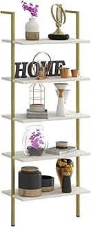 5 Tiers Ladder Shelf White Marble Modern Bookshelf Open Tall Wall Mount Bookcase Standing Leaning Wall Shelves Industrial Decorative