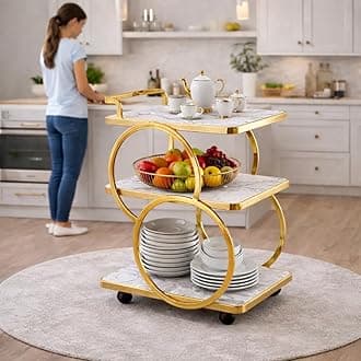 FURNIFOX End Table Bar Trolley 3-Tier Metal Serving Trolley with Gold Elegant Home and Restaurant Mobile Cart for Effortless Food Serving Coffee Table for Living Room & Bedroom Decor (Golden White)