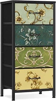 4 Drawer Dresser, Vertical Nightstand for Kids, Adult, Fabric Chest of Drawers for Bedroom, Living Room, Closet, Nusery, Storage Tower Unit Retro Style Furniture, Wood Desk Top