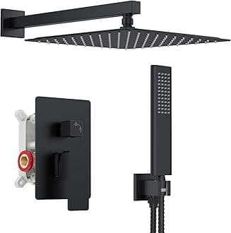 Iriber Shower Set with 12 Inch High Pressure Rain Shower Head and Handheld and Shower Faucet Mixer Valve Modern Shower System Including Pressure Balance Valve Shower Trim Kit for Bathroom,Matte Black