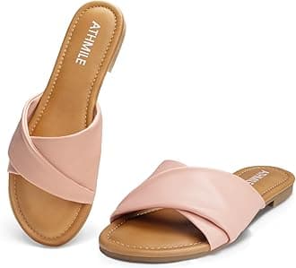 ATHMILE Sandals Women Dressy Summer Flat Comfortable Fashion Beach Cute Ladies Slides Leather Casual Dress Women's Sandals 2025 Size 6-11