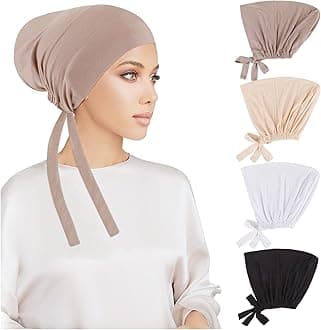 4PCS Women Hijab Undercap, Islamic Muslim Under Hijab Cap Inner Under Scarf Hat Hijab Cap with Tie Back Closure Solid Color Underscarf Hijab Cap Turban Head Wraps for Women Chemo Sleep Cap