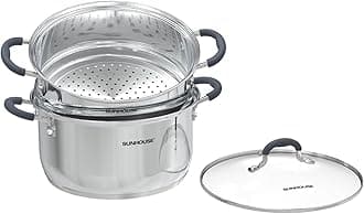 SUNHOUSE – 3.3 Quarts Steamer Pot With Lid 2-Tier Multipurpose Stainless Steel Steaming Pot Cookware With Handle For Vegetable, Dumpling, Stock, Sauce, Food - Triple Bottom, Measurement Line