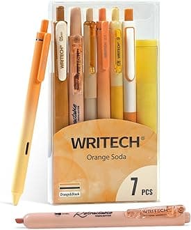 WRITECHGel Pens Journaling Highlighters: Journal Set Aesthetic Assorted Pastel Color Ink 0.5mm Fine Point Retractable 0.7mm Black Pen Smooth Writing Drawing No Bleed 7ct (Orange)