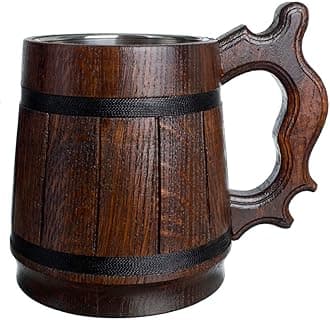 One Mug : MyFancyCraft Wood Beer Mug 0.6L 20oz with Gift Box Stainless Steel Cup Men Eco-Friendly Souvenir Handmade Retro Brown