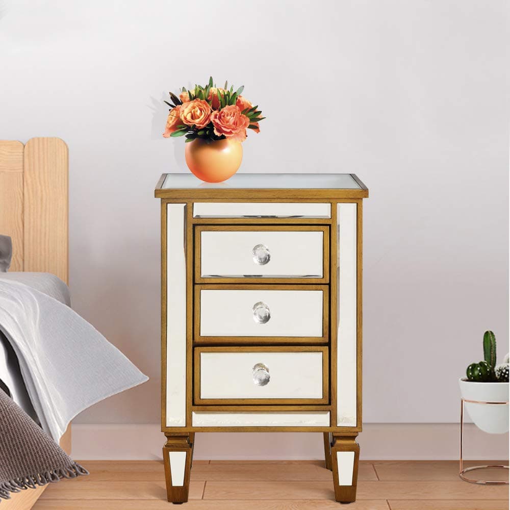 Modern 3-Drawer Mirrored End Table Nightstand Bedside Table for Bedroom Living Room, Antiqued Gold